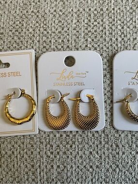 Gold Textured Hoop Earrings - Stainless Steel